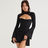 Langärmliges drapiertes Satin-Minikleid - Schwarz